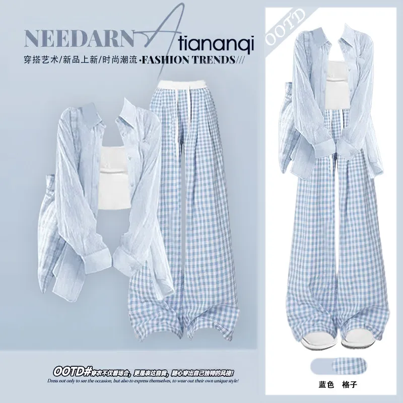 

Summer New Casual Loose Shirt Top Vest+high Waisted Checkered Wide Leg Pants Three Piece Set