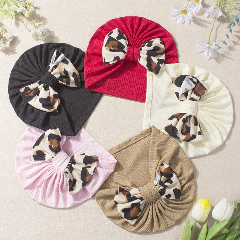 

Детская шапка-тюрбан с леопардовым принтом и бантом, аксессуары для волос, вязаный топ, банты с узлом для детей, теплая шапочка для новорожденных, повязки на голову для младенцев