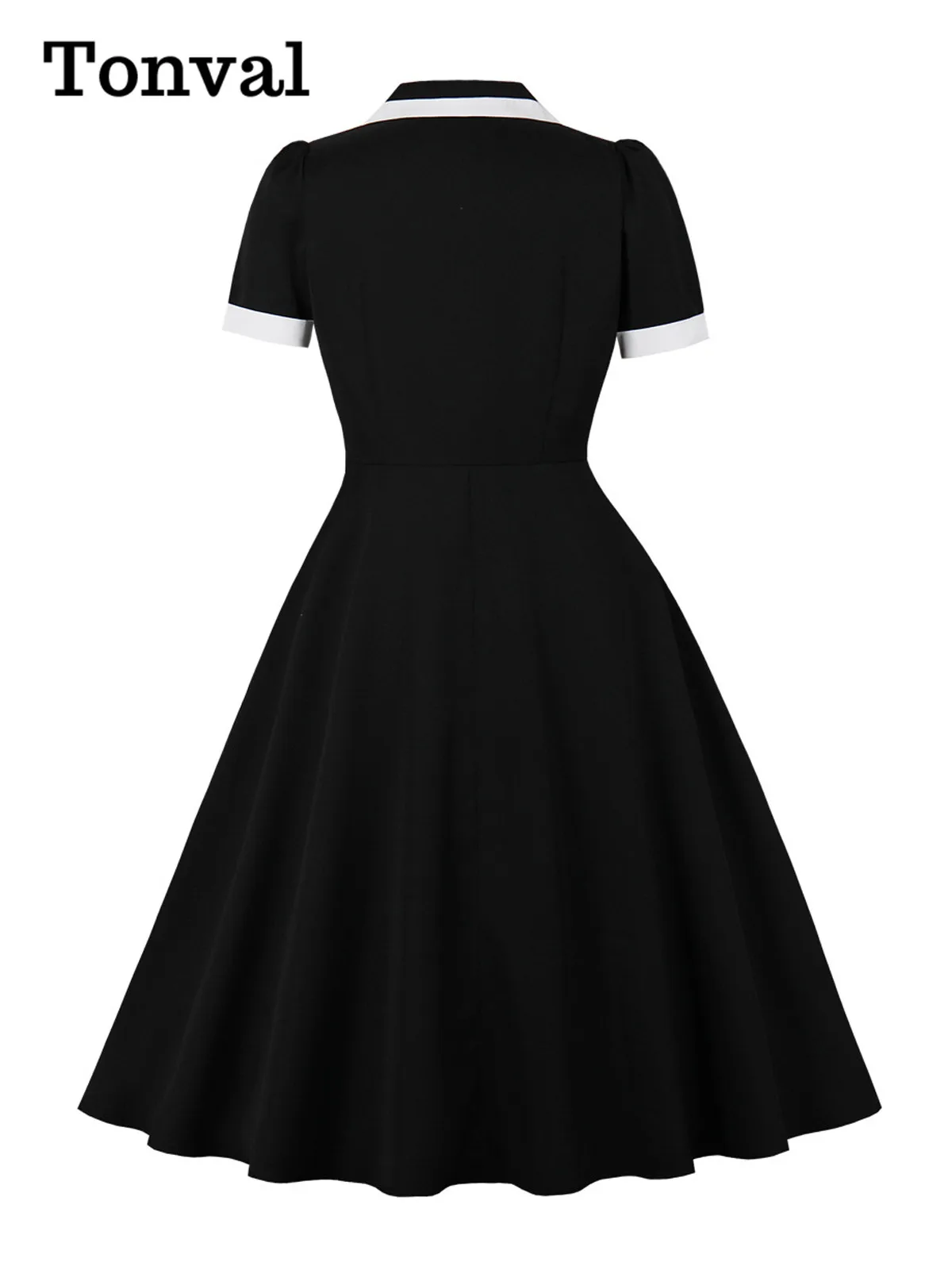 Tonval Notched Collar Formal Black Contrast White Elegant Dresses for Women Flare Hem Pockets Side Vintage Long Dress