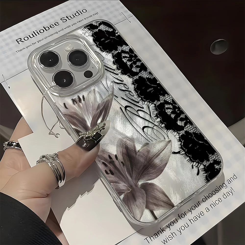 Schwarze Spitzen- und Blumenmuster-Handyhülle für iPhone 11 12 13 14 15 16 17 Pro Max 14 15 Pro Air X XR XS TPU Silikon Stoßfänger-Schutzhülle
