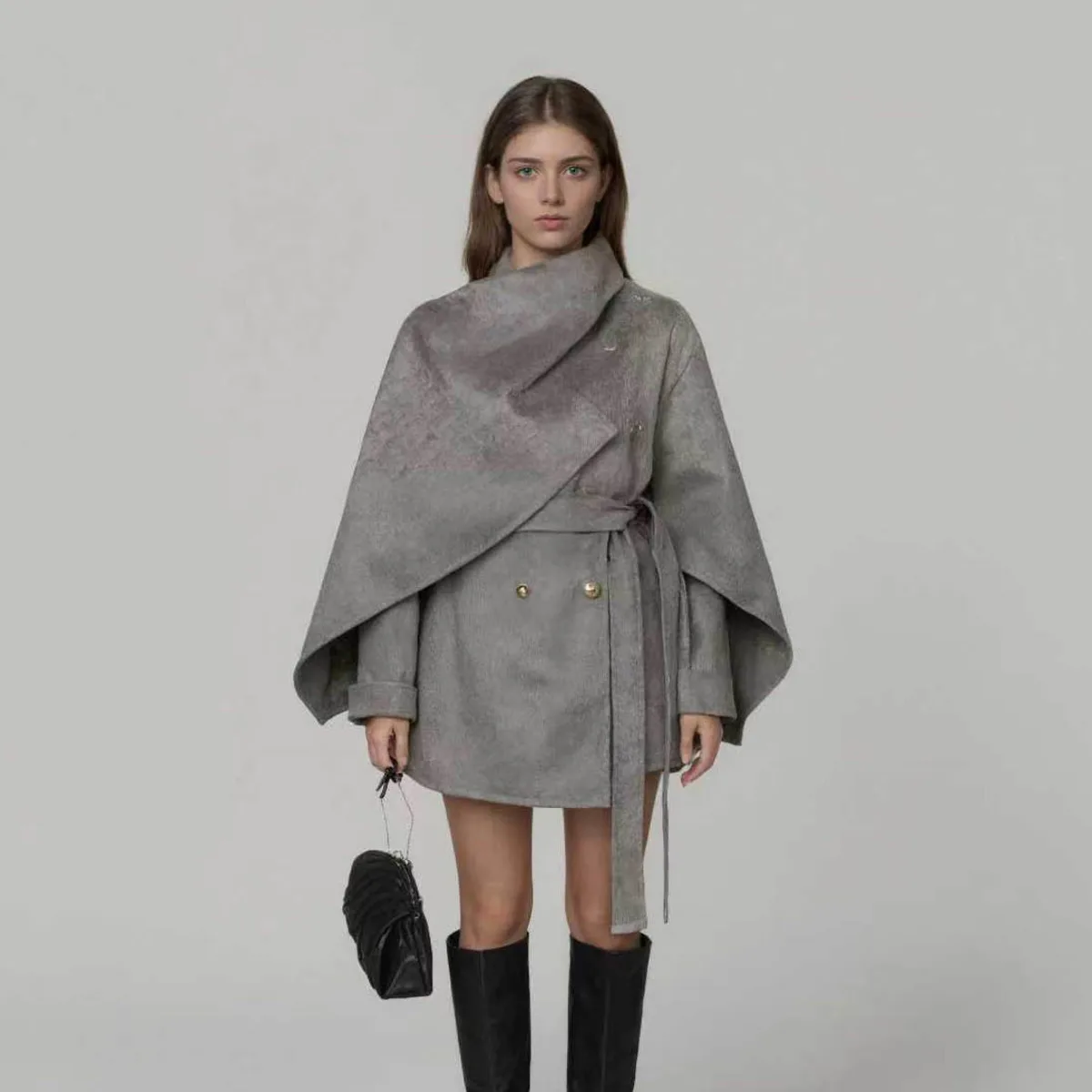 CiCi 2025 خريف شتاء موضة جديدة من الصوف مثل معطف كيب عباءة مع وشاح للنساء أنيقة مكتب العمل ملابس يومية #4