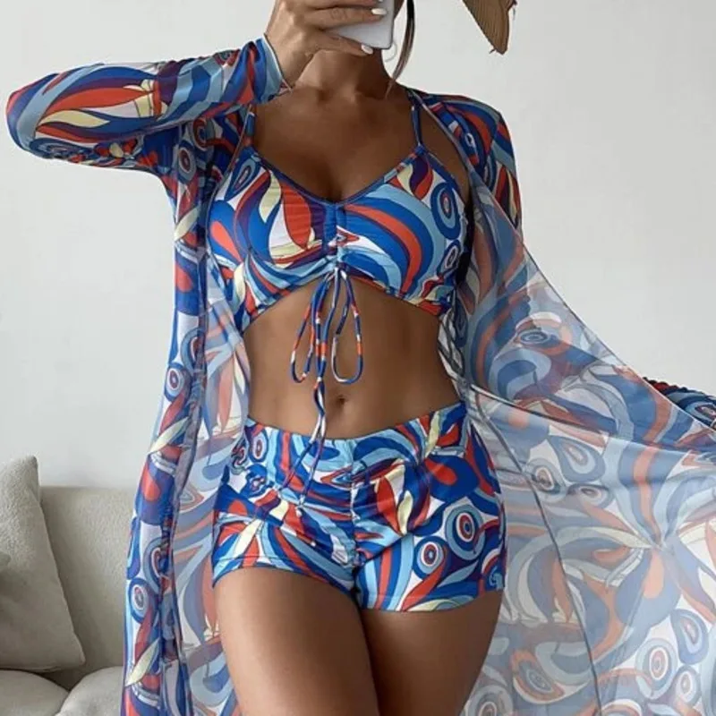 Bikini con estampado para mujer, traje de baño Sexy, ropa de playa, conjunto de Bikini de tres piezas con realce, 2024