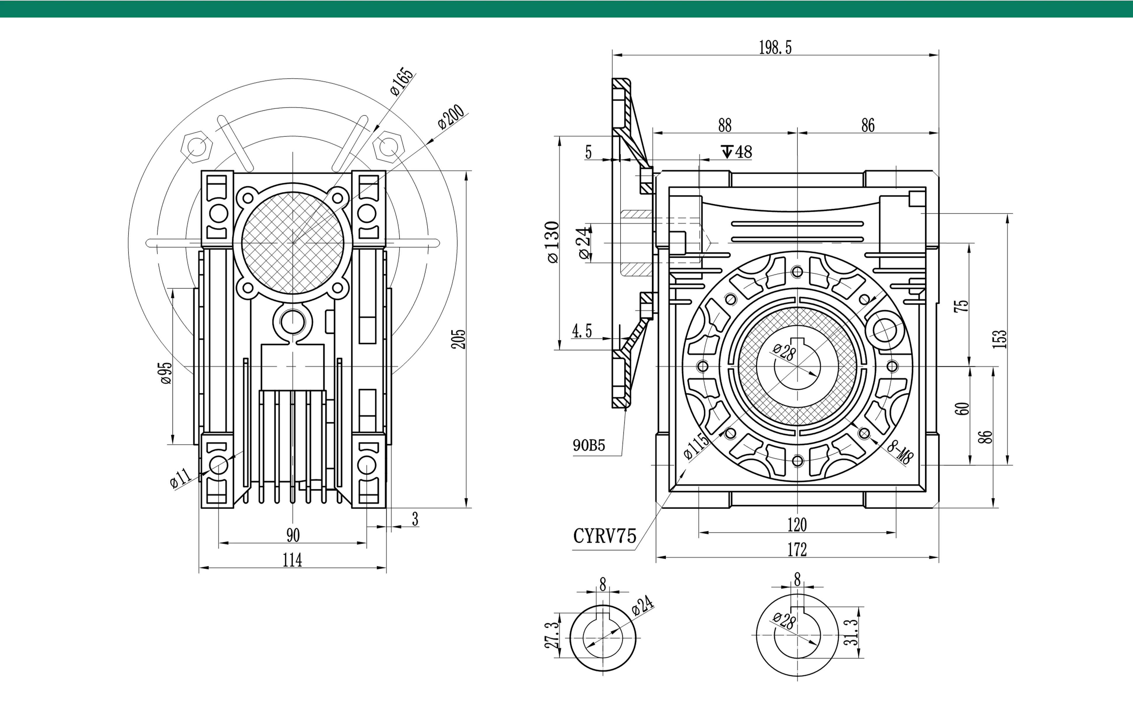 CHENYUE Worm Gearbox NMRV75 CYRV75 Input 14/19/24/28mm Output 28mm Ratio 5:1/100:1 Tin bronze Worm Gear Free Maintenance