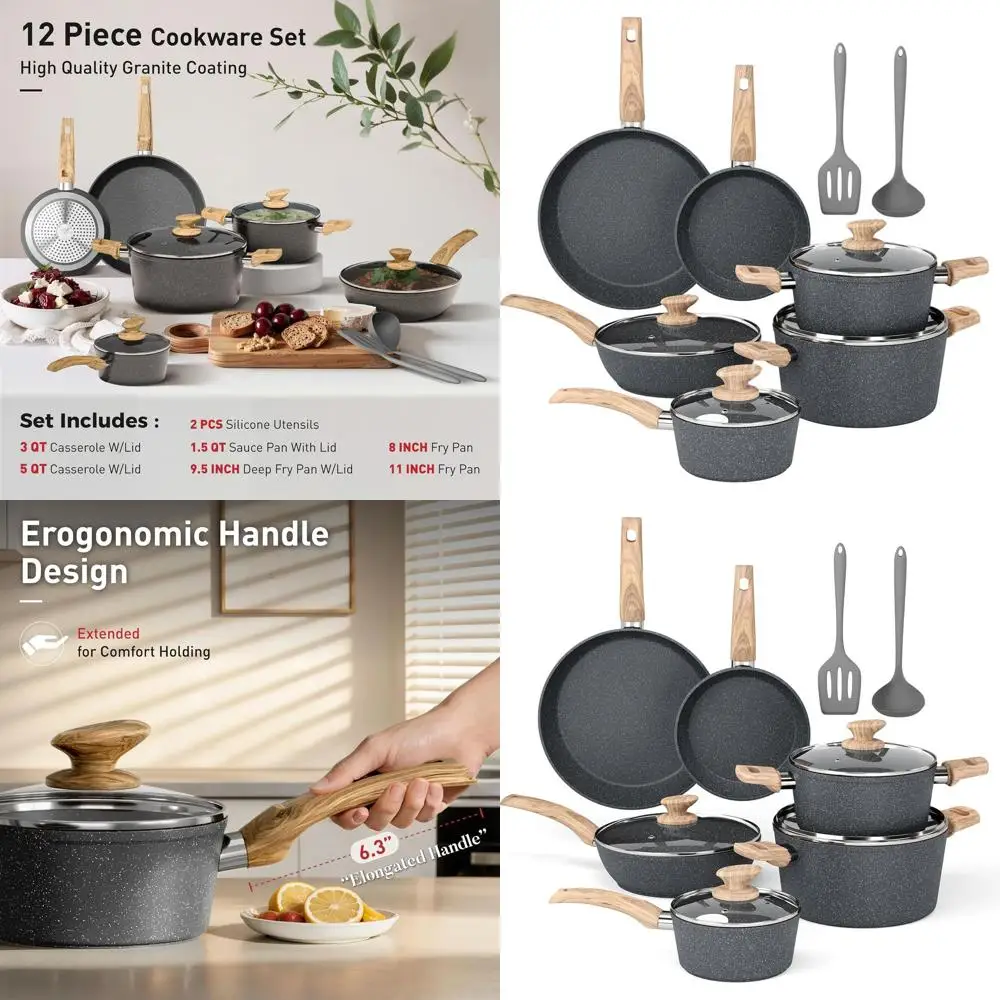 

12-Piece Granite Nonstick Cookware Set with Frying Pans, Gray