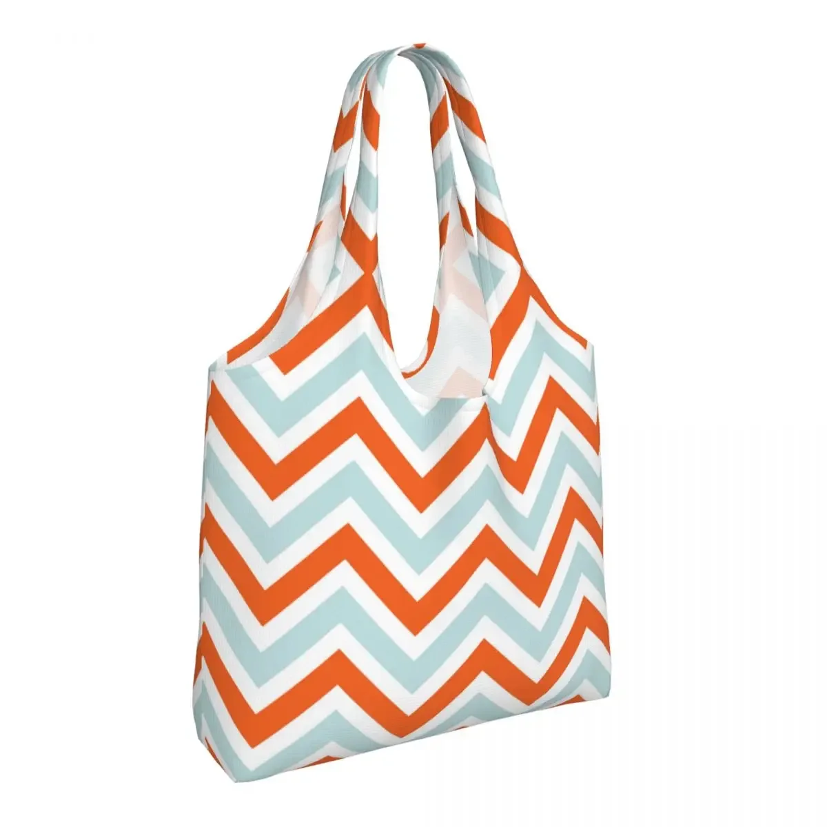 Chevrons Stripes Blue Orange Shopping Bag Women Shoulder Canvas Tote Bag Washable Bohemian Modern Groceries Shopper Bags Handbag