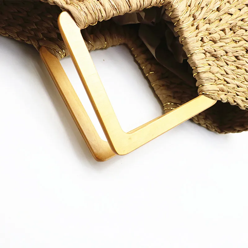 Women Straw Bag Wooden Ring Portable Korean Foreign Corn Skin Retro Art Hand-woven Beach Bags Travel Props Straw Bag Moon Bag