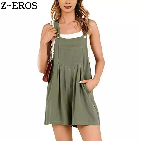 Z-EROS Women\'s Pocket Cotton Linen Loose Solid Color Casual Shoulder Strap Wide Leg Jumpsuit Sleeveless Mid Waist 5/4 Jumpsuit