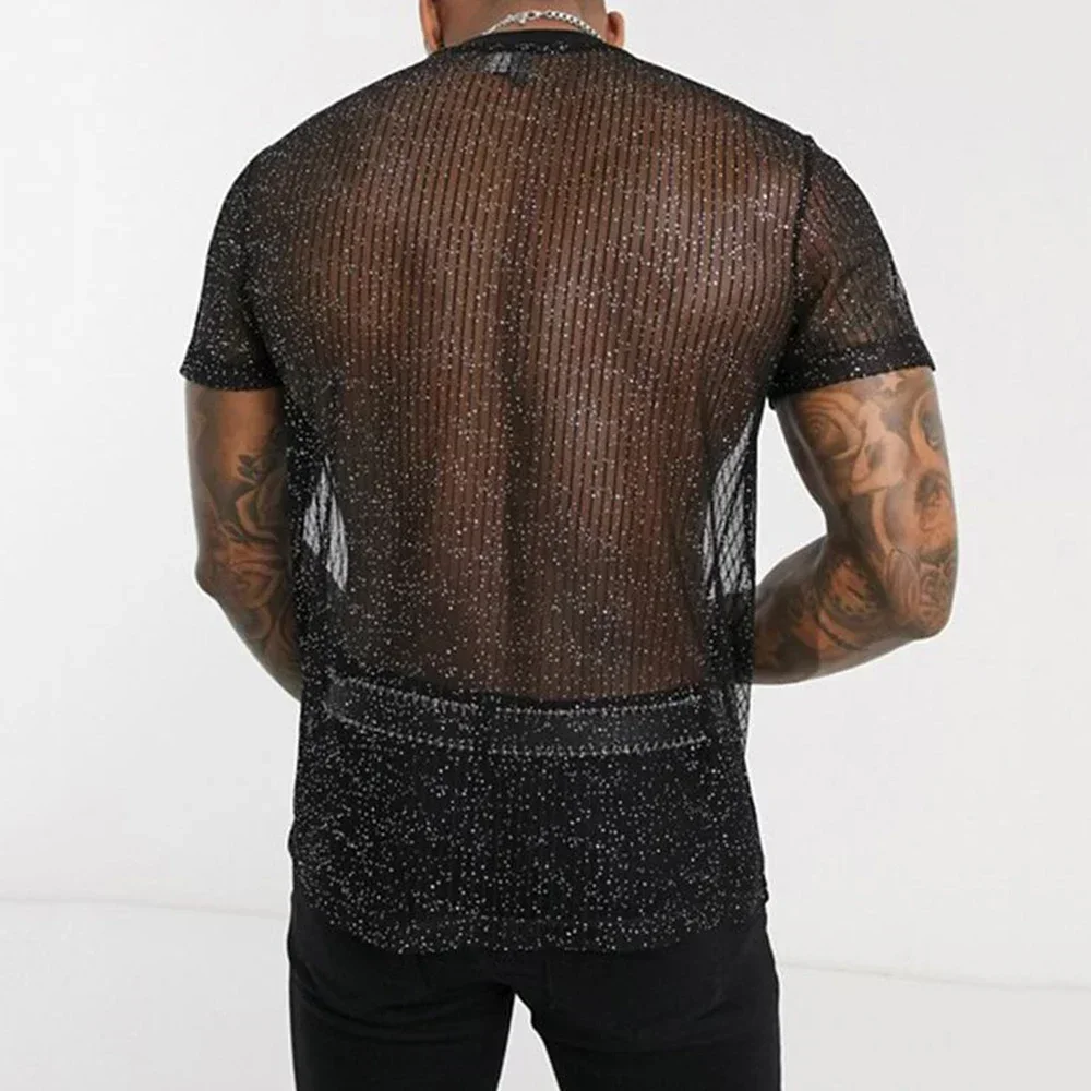 

Fashion Men's Transparent Sequin Shiny Mesh T-Shirts Sexy Sheer Solid Short Sleeve Tee Club Party Tops T Shirt Male Clothing