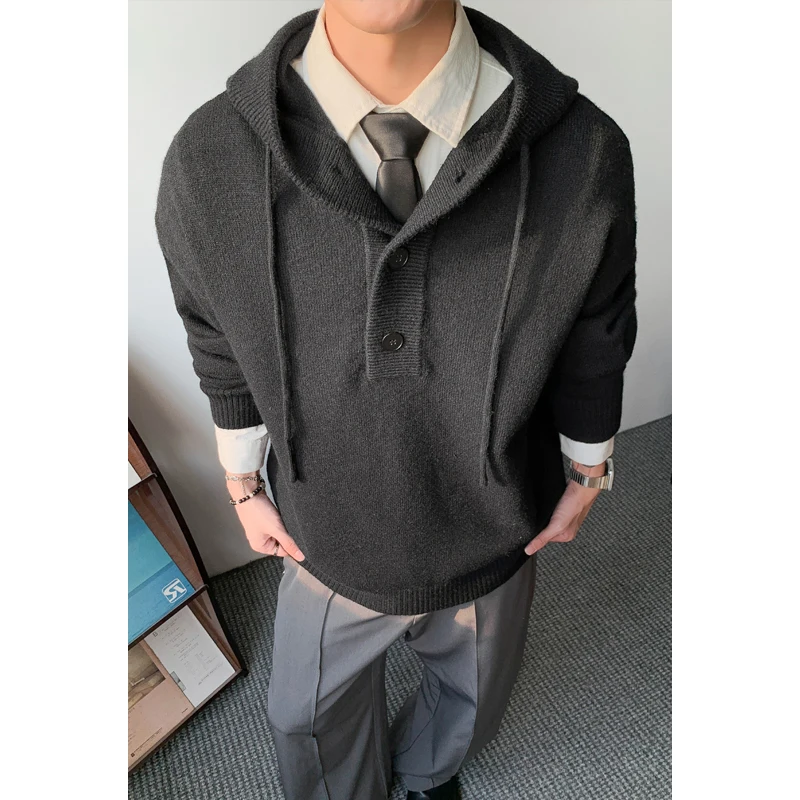 

Solid Color Single Button Semi-open Drawstring Hoodie Sweater, Long Sleeve Loose Knit Top for Spring Autumn Casual Streetwear
