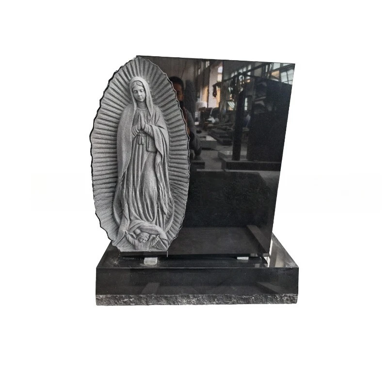 Black granite headstone, angel relief design cemetery memorial