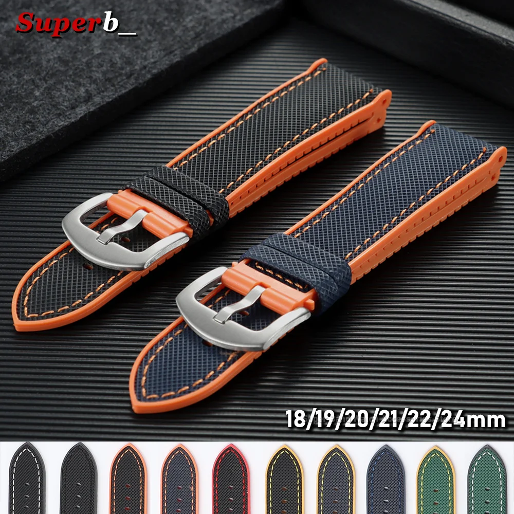 18mm 19mm 20mm 21mm 22mm 24mm Watchbands Nylon Sailcloth Rubber Hybrid Watch Strap Men's Silicone Waterproof Watch Band Bracelet