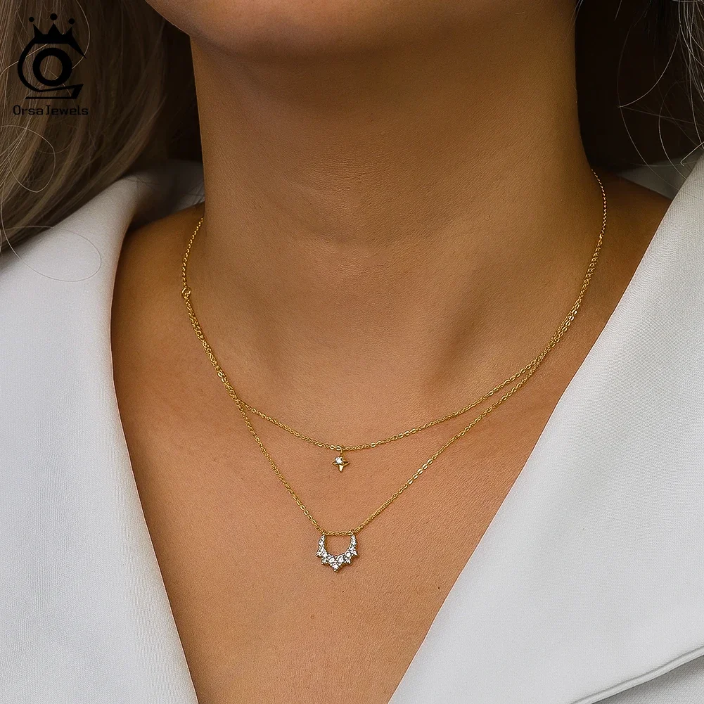 

ORSA JEWELS Trendy Double Layer Necklace Fashion 925 Silver Cubic Zircon Star Pendant Clavicle Chain Party Jewelry BQN22