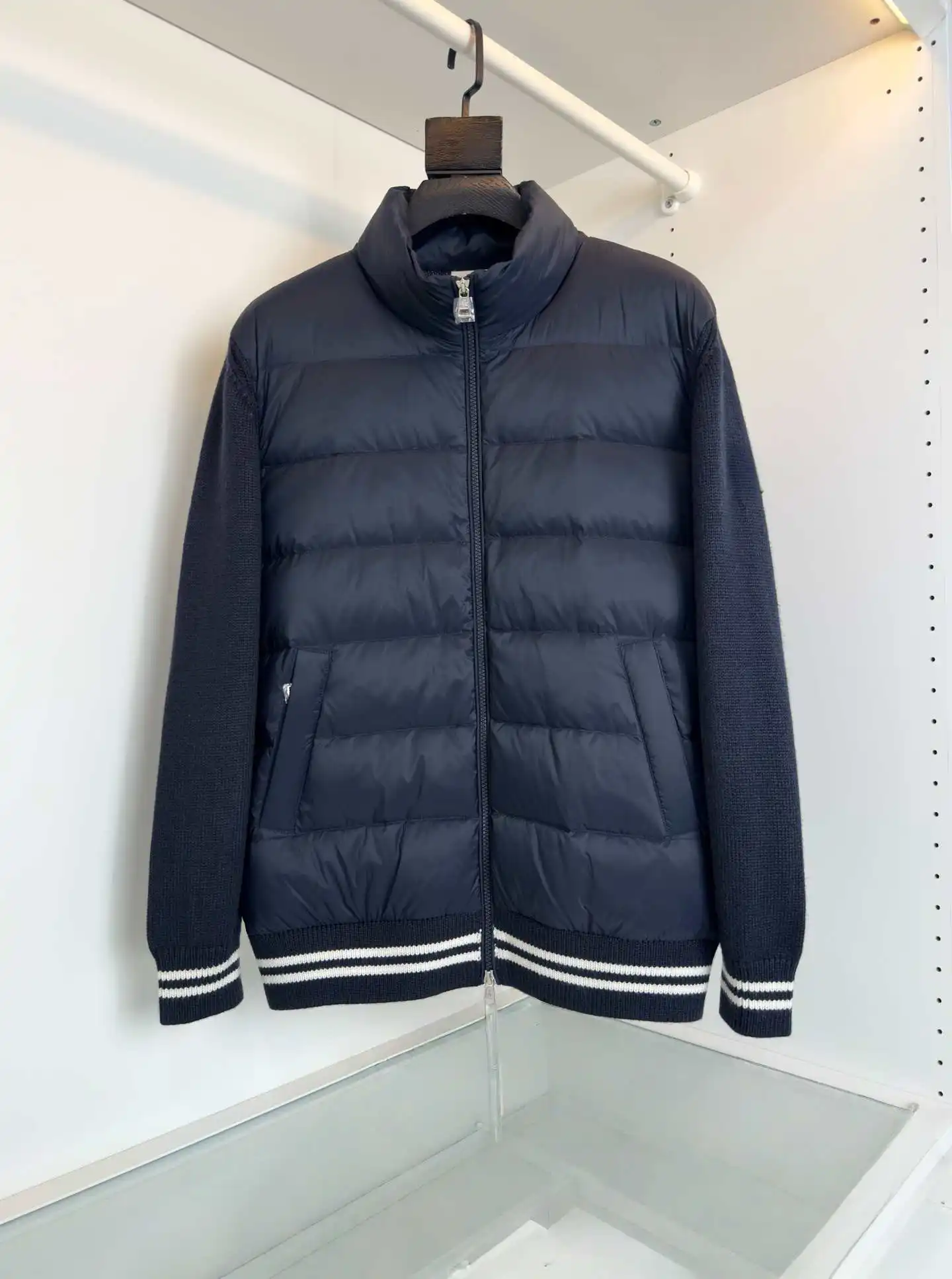 

2025 Autumn Winter Women's Down Coat Wool Knit Sleeve Stand Collar Puffer Jacket Casual Warm Outwear