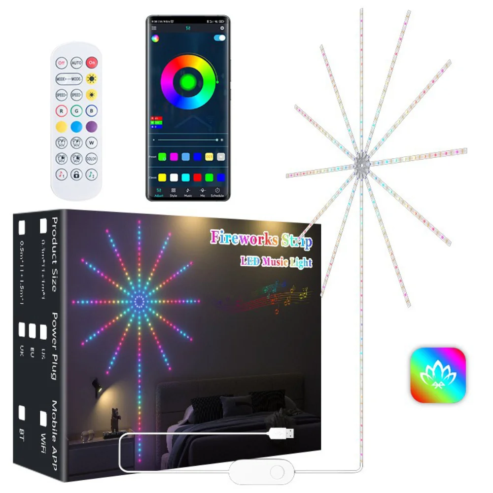 Fita de Luz Ambiente DC5V USB com Efeito de Fogos de Artifício, Módulo de LED Endereçável Individualmente, Controle Remoto, Bluetooth e Aplicativo para Música