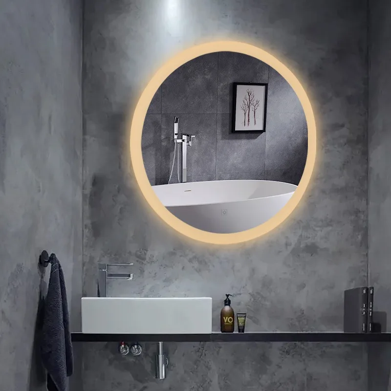 Intelligent LED defogging bathroom mirror touch three-color round mirror backlight high
