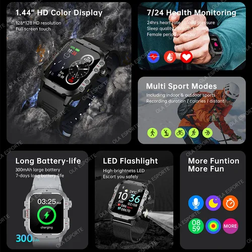 Imagen 2 del producto Nuevo reloj inteligente para hombre, linterna LED, reloj inteligente para deportes al aire libre, reloj de pulsera, monitoreo de salud, reloj inteligente con llamadas Bluetooth de 1,44 pulgadas