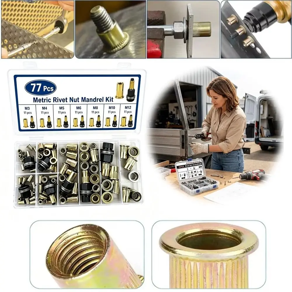 Carbon Steel Rivet Nut Tool Nut Set Riveting Tool Heads Threaded Rivet Nut Kit Simple Tool Rivnut Kit Riveting Work