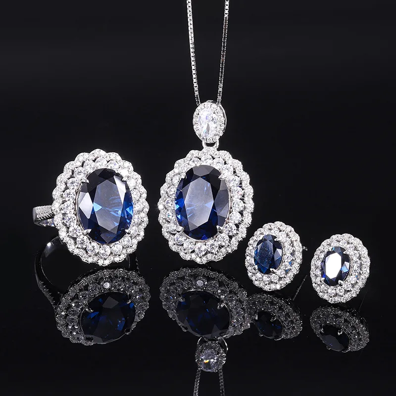 

Autumn and winter new S925 full body silver Tiktok hot sale simulation Tanzanian blue treasure jewelry set main stone 12 * 16- 6