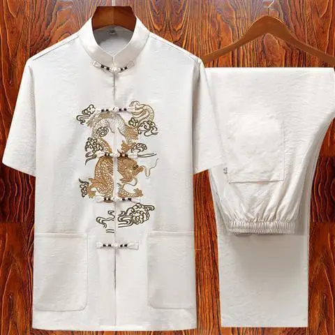 Hand Button Cotton And Linen Men Tang Suit Short Sleeve Traditional Mandarin Collar Vintage Embroidery Kong Fu Clothing