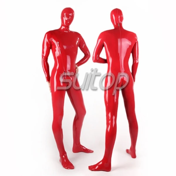 

Suitop heavy latex men's full cover zentai catsuit red bodysuit for men in heavy 0.6mm thickness with cop pieces and hole cortch