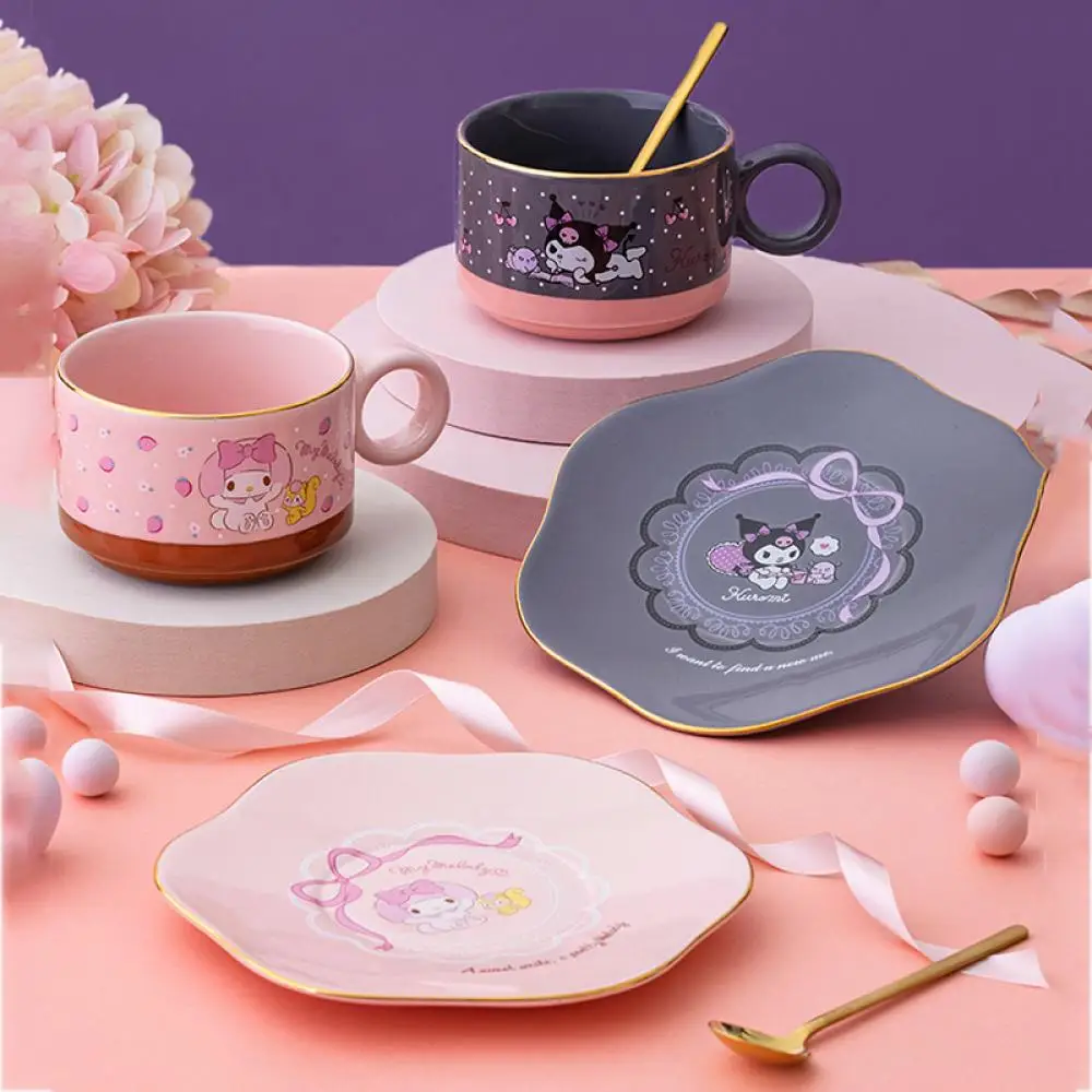 Kawaii Sanrio Coffee Cup Set Anime Figure My Melody Kuromi 260Ml Mug Saucer Spoon Tea Ceramics Gift Box Plush Girlfriend Cute