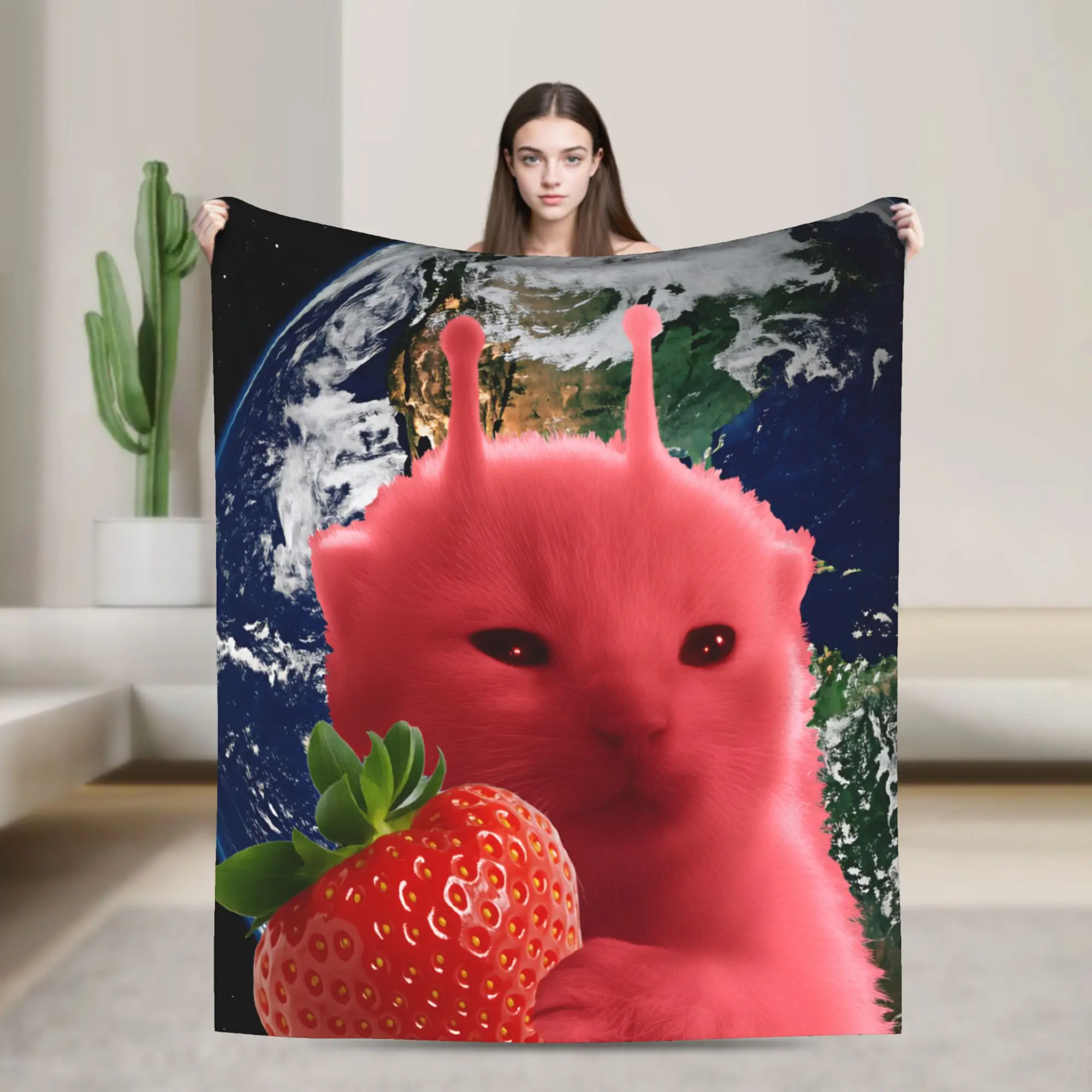 Pink Strawberry Aliens Cat Blanket Soft  Bedding Throws Winter Girl Chair Sofa Bed Travel Office Bedspread