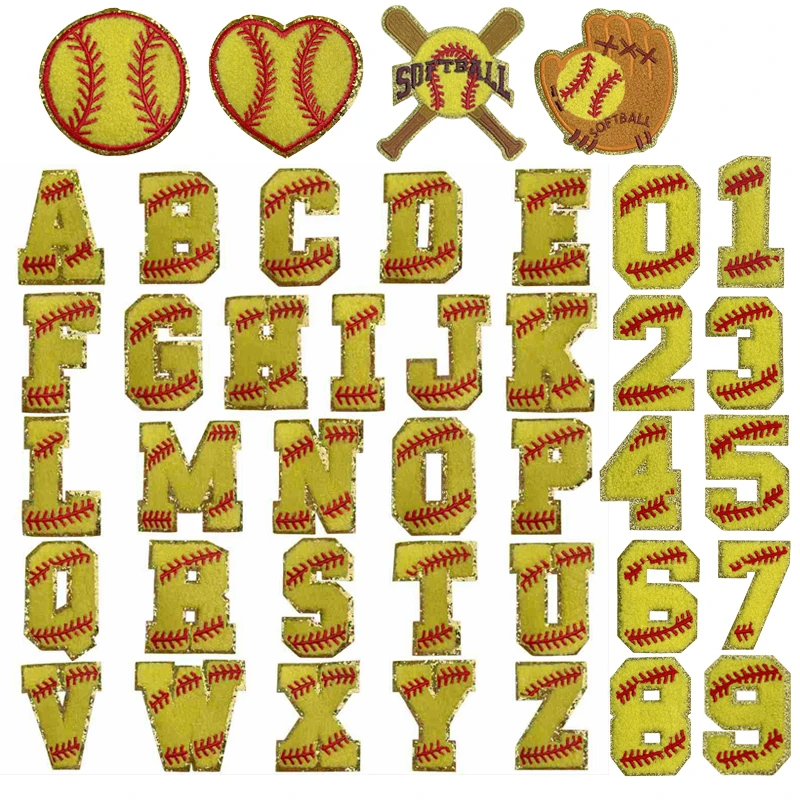 A-Z Letter Softball Towel Embroidered Patch With Gold Glitter Sequins DIY Iron On Patches For Clothing Sports Patches On Clothes