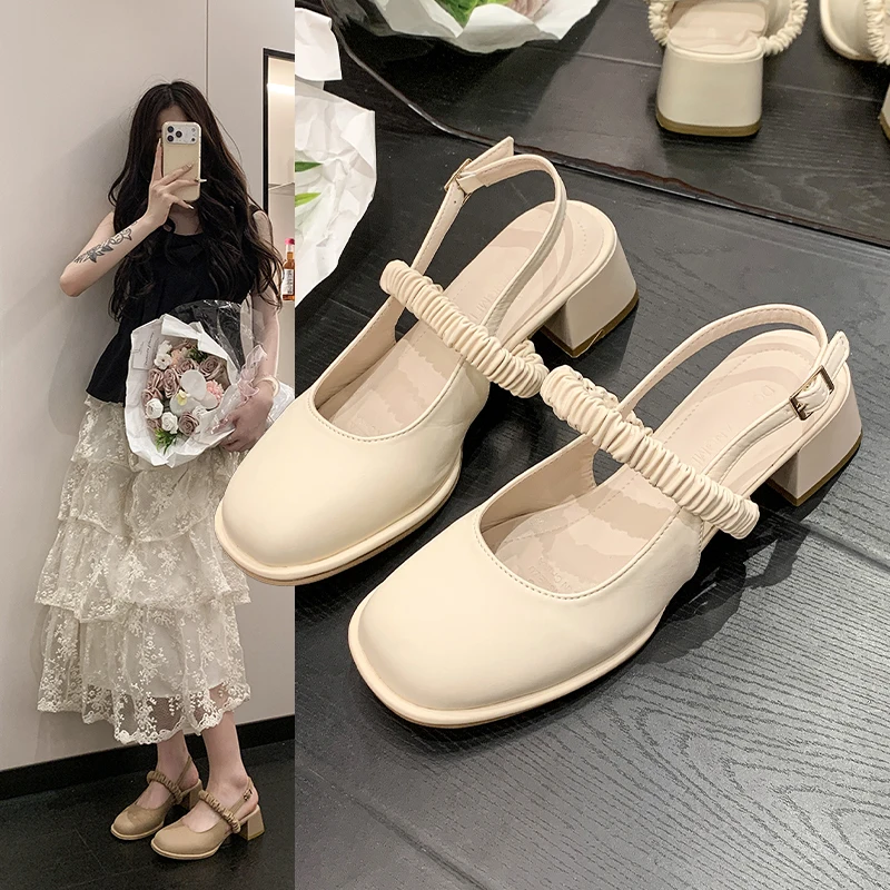 Summer Women Chunky-Heel Square-Middle-Heel round head Adjustable Needle Buckle sandals fashionable comfortable Non-slip sandals