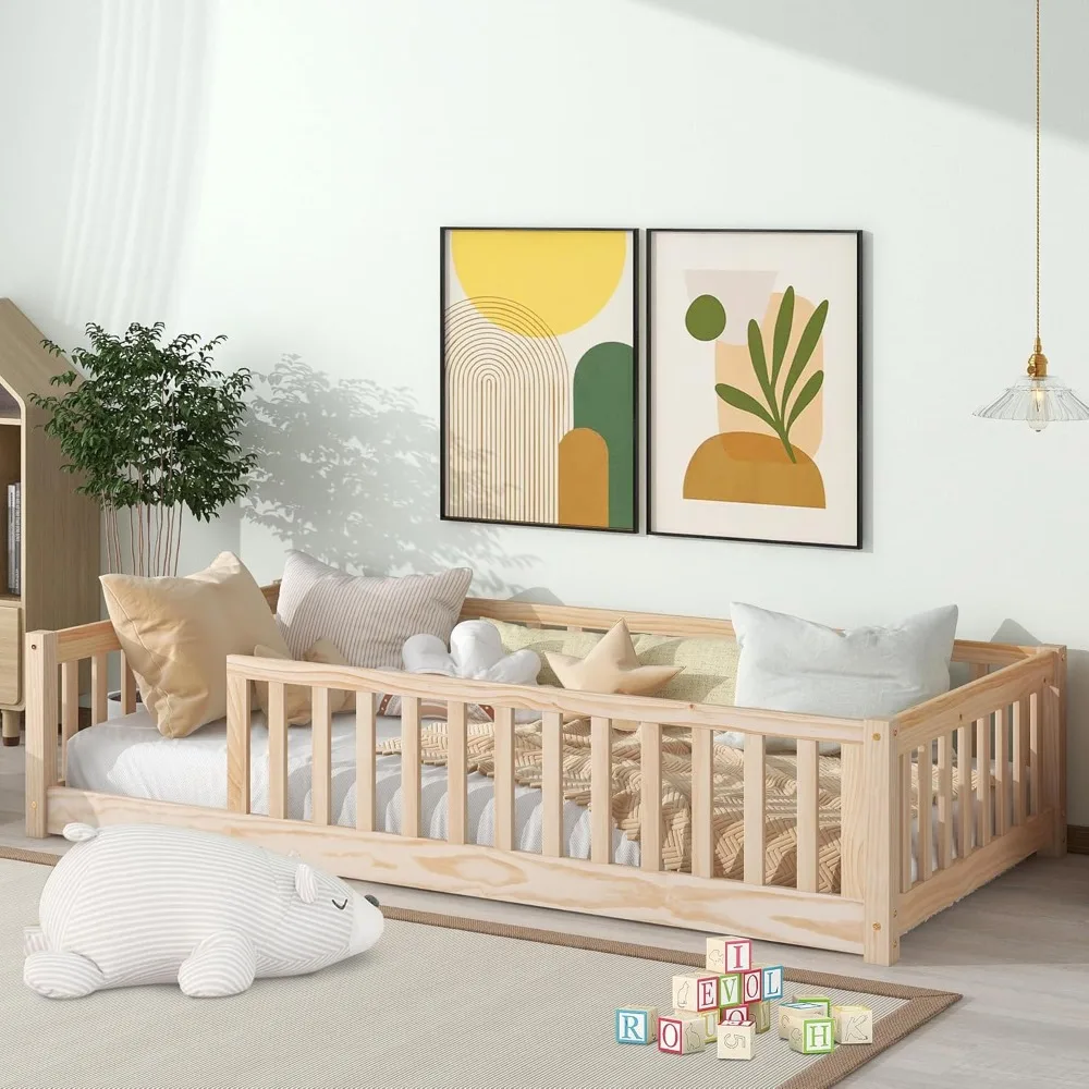 

LLS Twin Floor Bed for Kids Solid Wood Montessori Bed Frame with Safety Guardrails Multifunctional Montessori Floor Bed for Todd