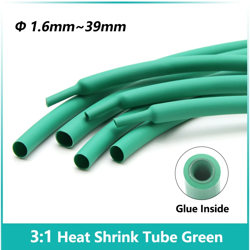 

1/5/10/25/50M Green 3:1 Heat Shrink Tube With Glue Inside Diameter 1.6mm ~ 39mm Adhesive Lined Waterproof Insulation Sleeve Wrap