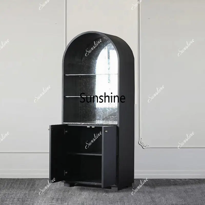 American simple modern solid wood black curved bookcase light luxury glass