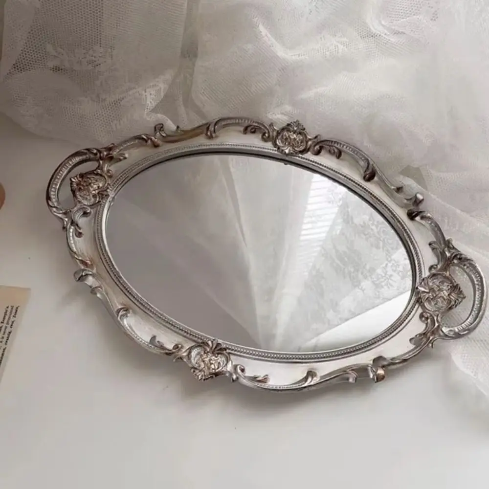 

Oval Shape Decorative Wall Mirror Glass Material French Vintage Jewelry Storage Tray Mirror Plate Desktop Size Mirrored Tray