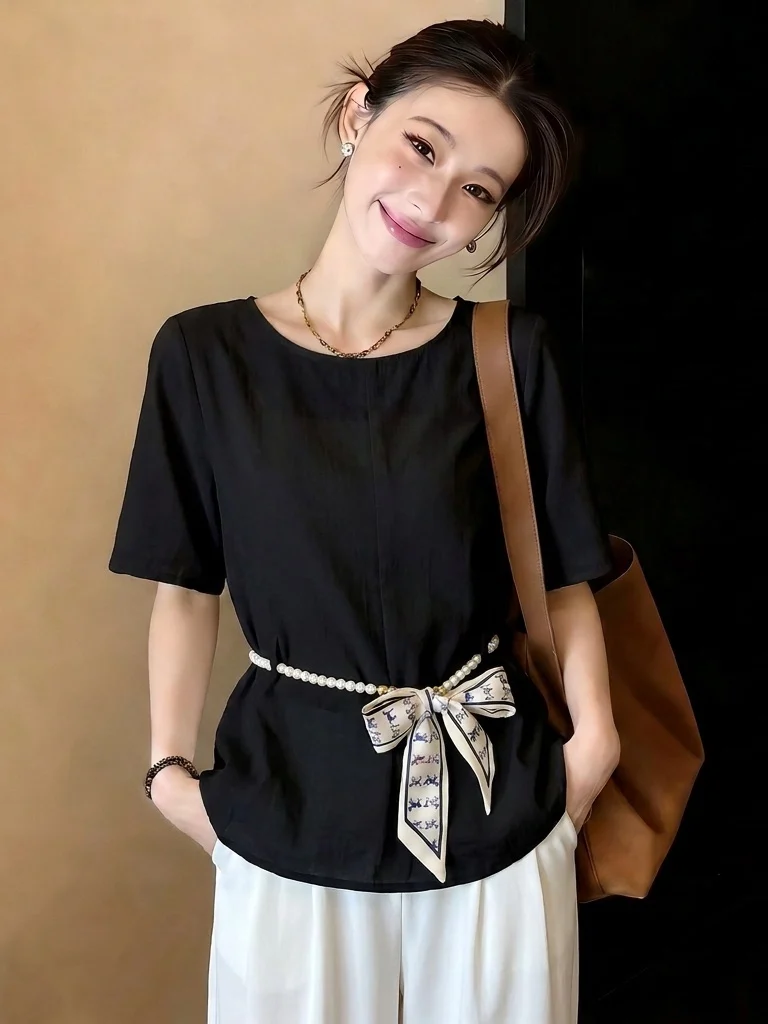 

Elegant Black Women's Shirt Shoulder Padded Waist Cinched Trendy Summer New plus Size with Scarf Korean Style Commute Fashion
