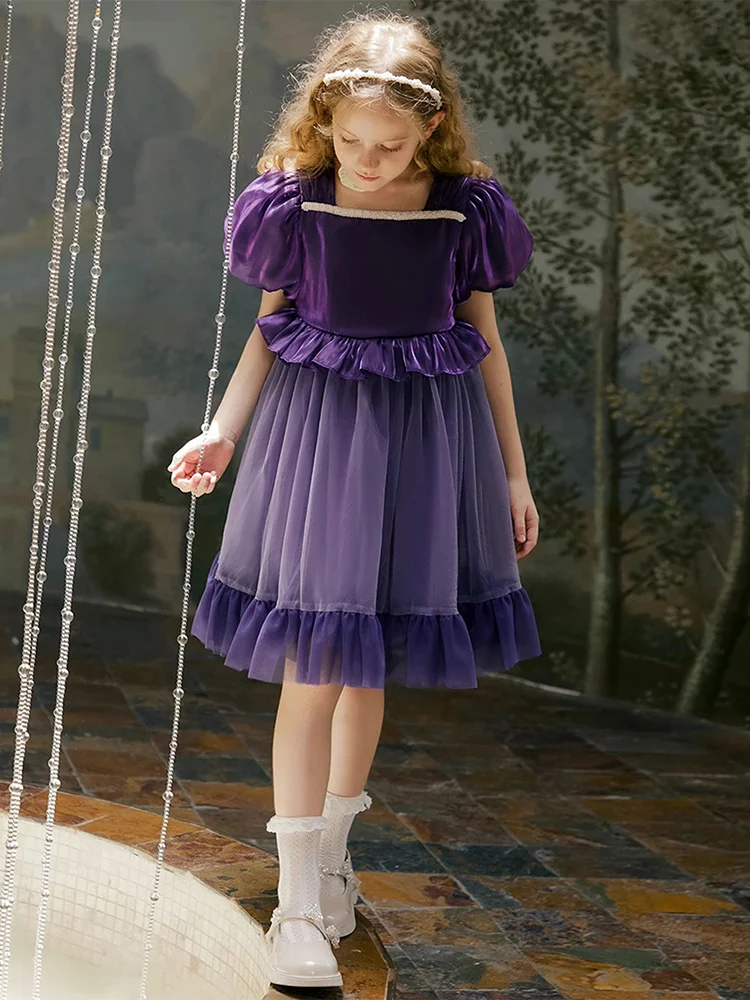 Baby Girls Summer Wedding Bridemaid Dresses Deep Purple Gauze Birthday Party Princess Clothes 3yrs 14T Kids Wear 110cm 170cm