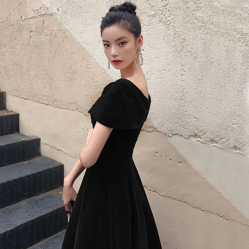 DongCMY Luxury Black Slimming Evening Dress 2024 Line Shoulder Long Party Style Generous Dress Small Winter Dresses For Prom