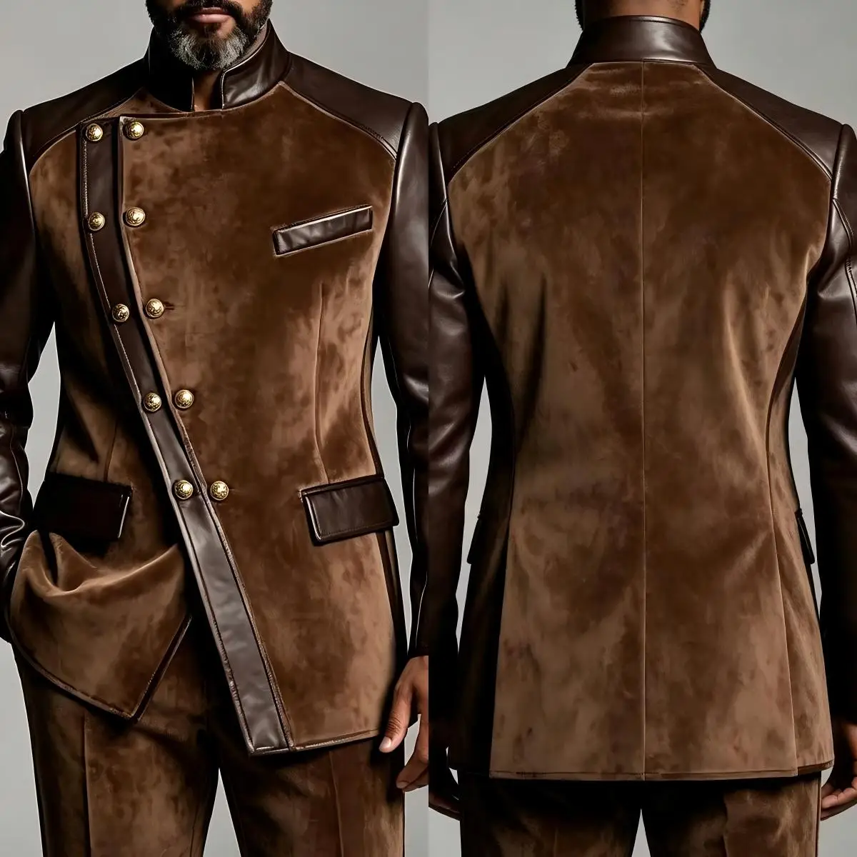 Luxury Brown Suede and Leather Blazer with Asymmetrical Front and Gold Buttons Men Avant-Garde Suit Jacket Customized M266933