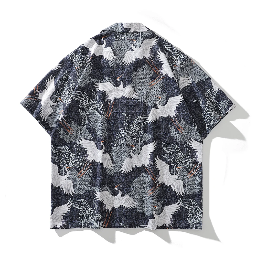 Dark Icon Crane Full Printed Button Down Vintage Shirts Men Thin Material Beach Shirts Vintage Street Men\'s Shirts Summer Hawaii