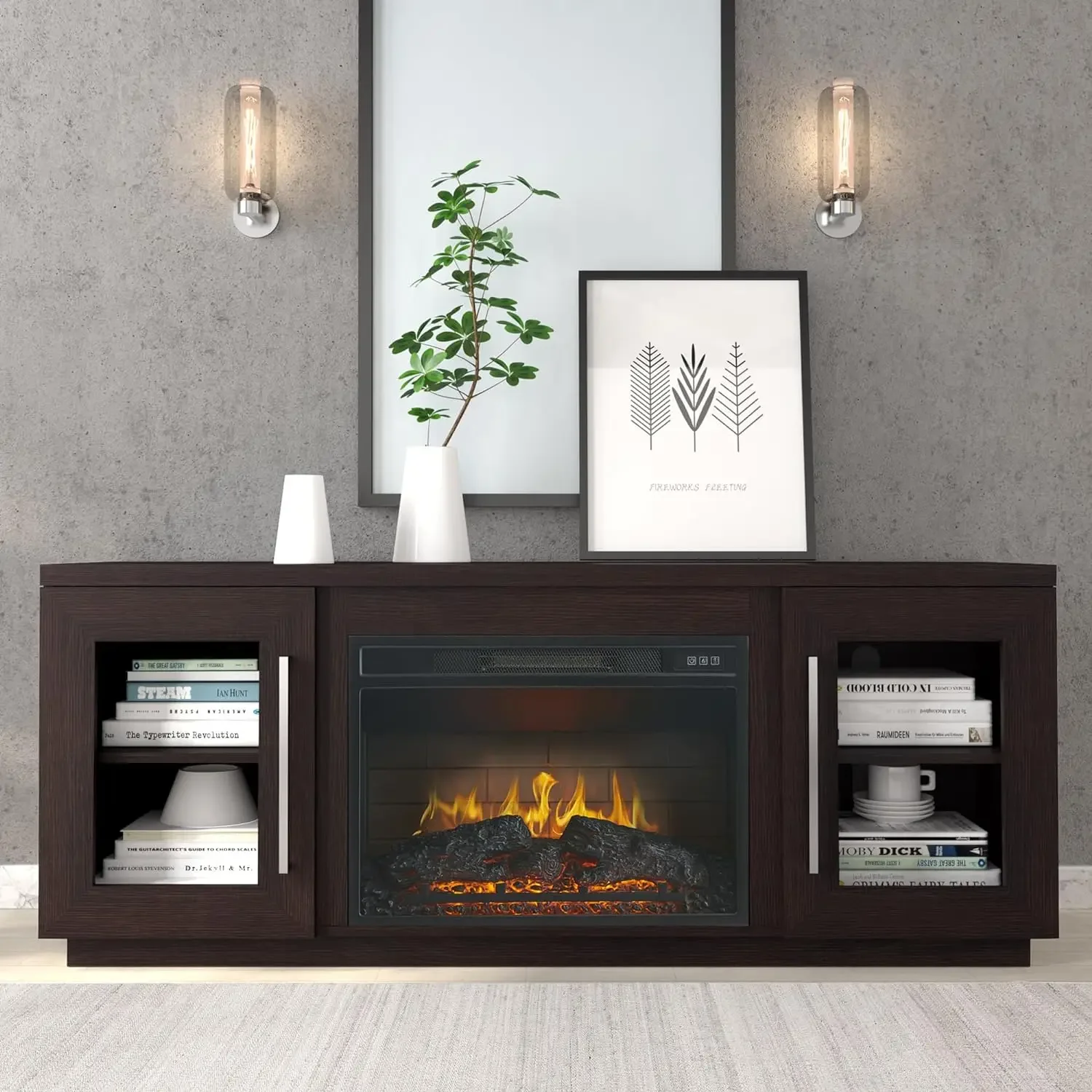 3D Fireplace TV Stand up to 65 Inch TVs, Modern Media Entertainment Center Console with Barn Door & Storage Cabinets