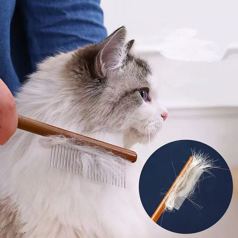 Cat Comb Massage Cat Brush Dense-toothed Pet Hair Remover Stainless Steel Cats Hair Comb Wooden Handle Pet Grooming Clean Brush