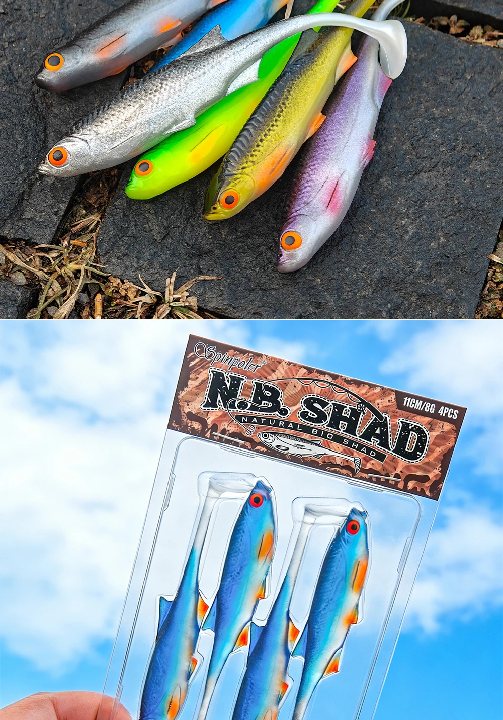Spinpoler Natürlicher Bio-Shad 11cm Schwimmköder Angelköder Realistischer Köderfisch 3D-Augen Künstlicher Bionischer Schwimmköder für Barsch und Forelle 4 Stück – Detail 6