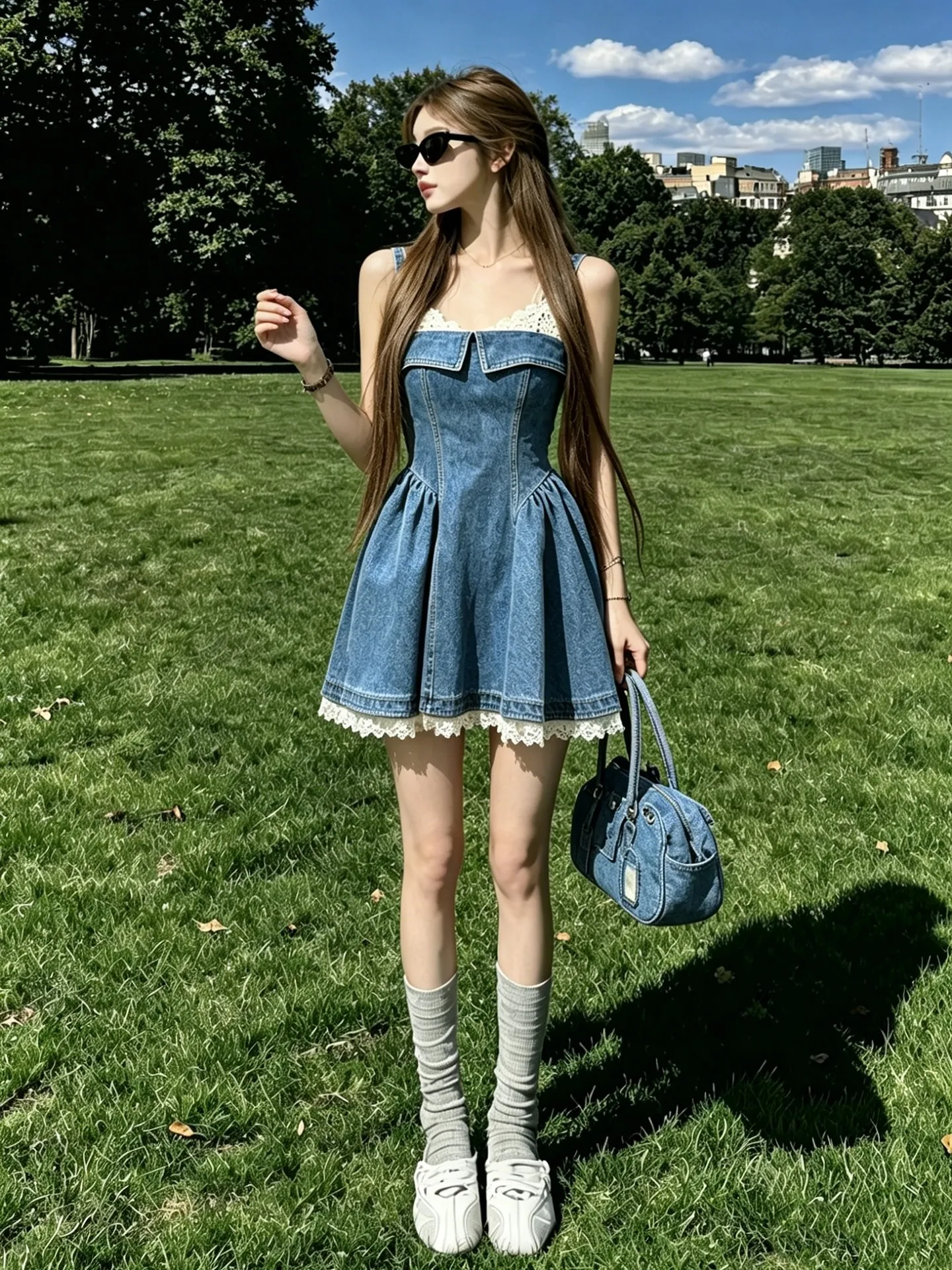 American Retro Denim Halter Dress Women Summer 2026 New Popular Lace Splicing  Skirt Casual Style Polyester Fabric