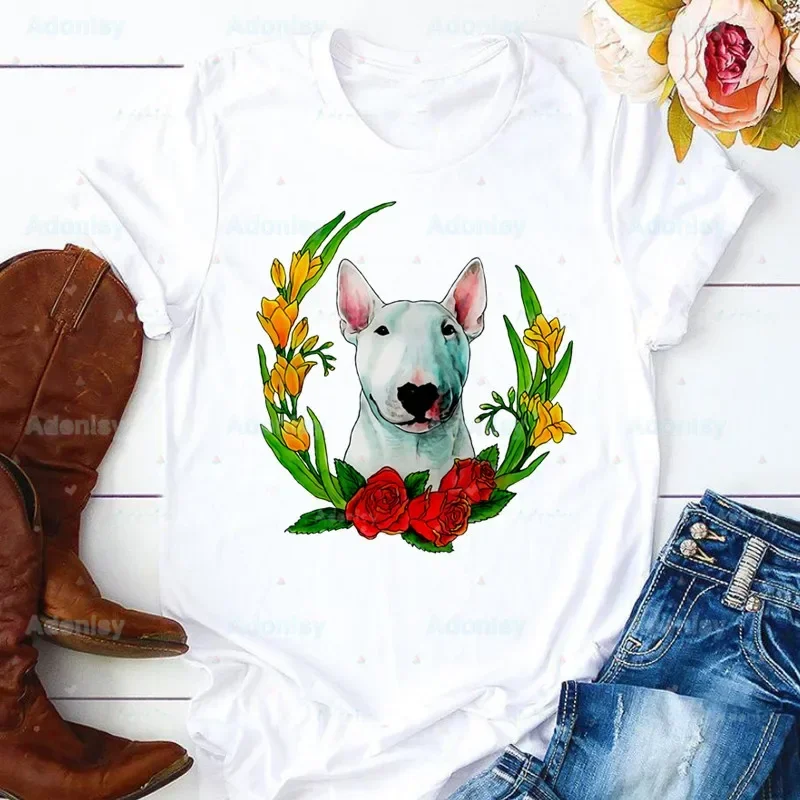 Bull Terrier Group T-shirt Ladies Cute Pet Dog Logo Funny Casual o-collar White Shirt Short Sleeve T-shirt Graphic Printing