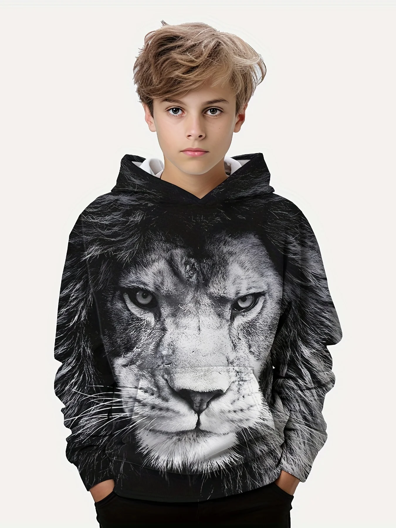 Stylish Lion 3D Printing Boys Casual Pullover Long Sleeve Hoodies Sweatshirt For Spring Fall Kids Hoodies Tops Outdoor Clothing