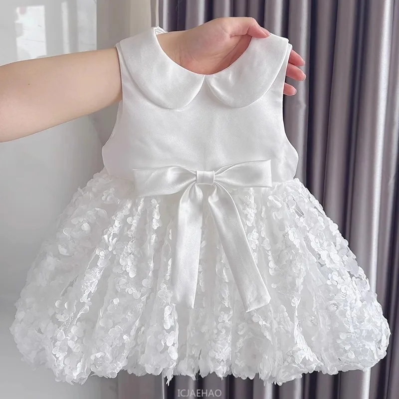 

New Baby 1st Birthday Dress White Sleeveless Princess Gown Lace Collar Party Outfit Toddler Formal Occasion Celebration Outfit