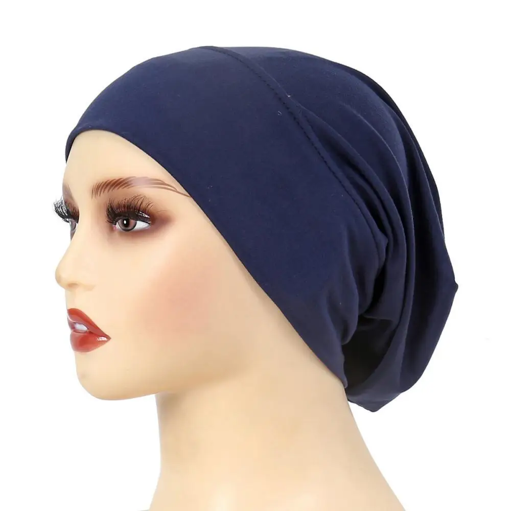 Navy Blue Soft Undercap Women Muslim Inner Hijab Classic Turban Hats Solid Ladies Headband Scarf Hair Cover Cap Headwrap RIMAIRE