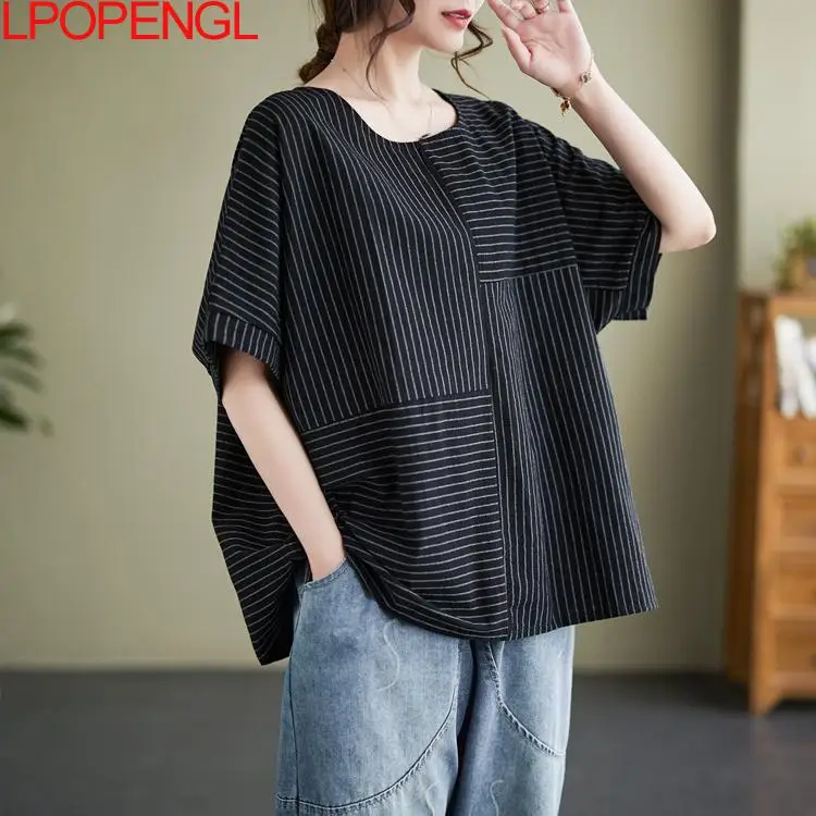 2024 Summer New Retro Literary Stripe Stitching Loose Short-sleeved T-shirt Oversized Casual Tops clothes for women