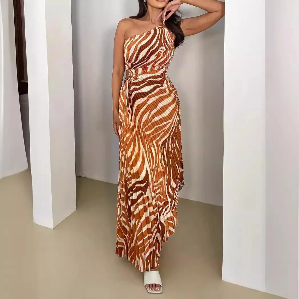 2025 One Shoulder Printed Dress for Women Sleeveless Drawstring Waist Ruched Detail Holiday Boho Beachwear Casual Summer Outfit