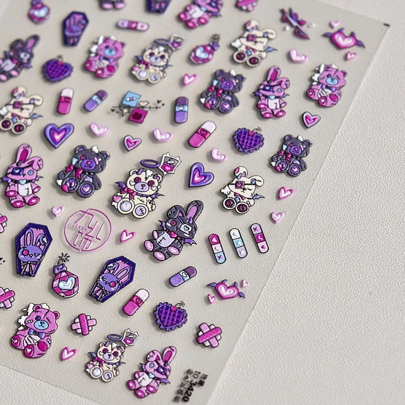 Darkness Blue Purple Bunny Bear Capsule Drug Wound Heart Rabbit Black Magic 3D Self Adhesive Nail Art Sticker 5D Manicure Decals