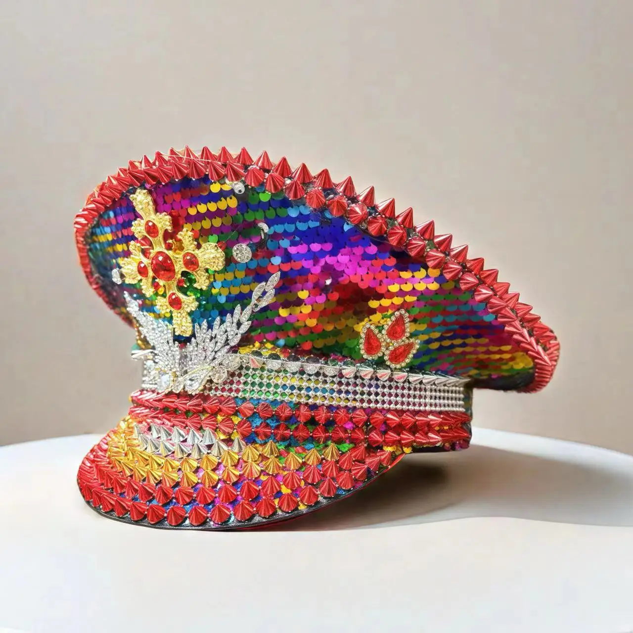 HongLuan Roter Kapitän Hüte Strass für Burning Man Festival Frau, Halloween Kostüm Hut Erwachsene, Cosplay Damen Accessoires