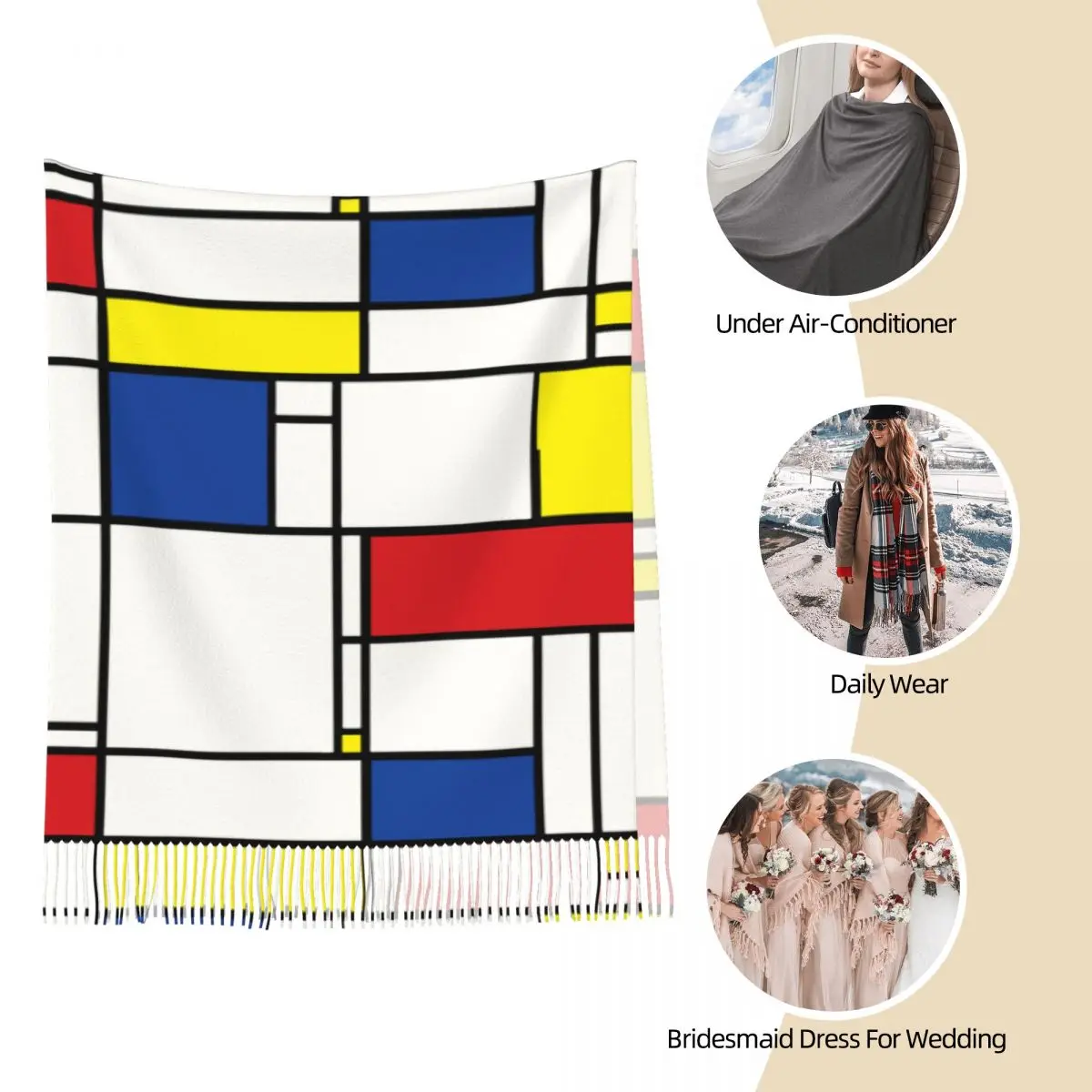 Mondrian lenço minimalista para senhoras, longo envoltório macio, pashmina geométrica, lenços para inverno, minimalismo